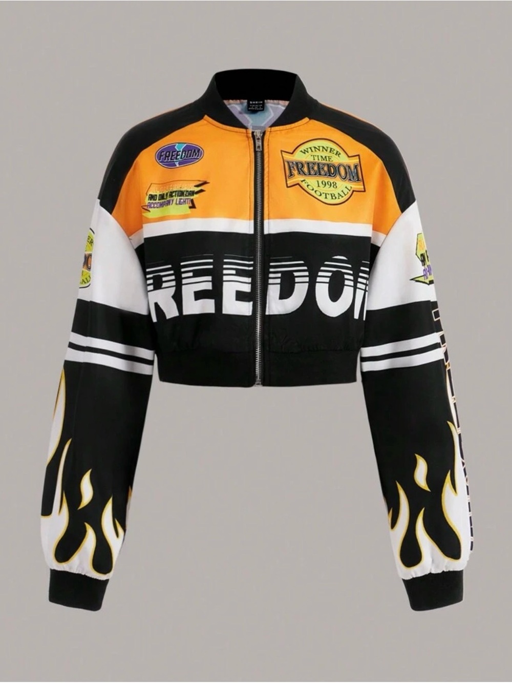 Freedom Graphic Cropped Bomber Jacket - Black & Orange